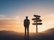 Silhouetted person stands beside directional signs at sunset