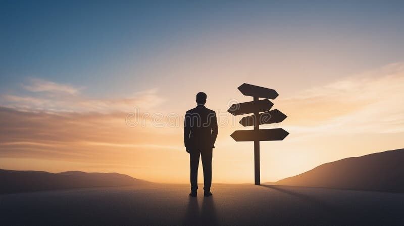 Silhouetted person stands beside directional signs at sunset