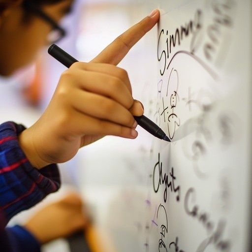 Person pointing at handwritten formulas on a whiteboard