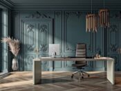 Minimalist executive desk in an ornate dark-paneled office