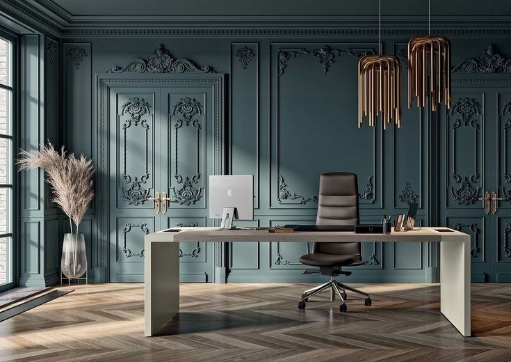 Minimalist executive desk in an ornate dark-paneled office